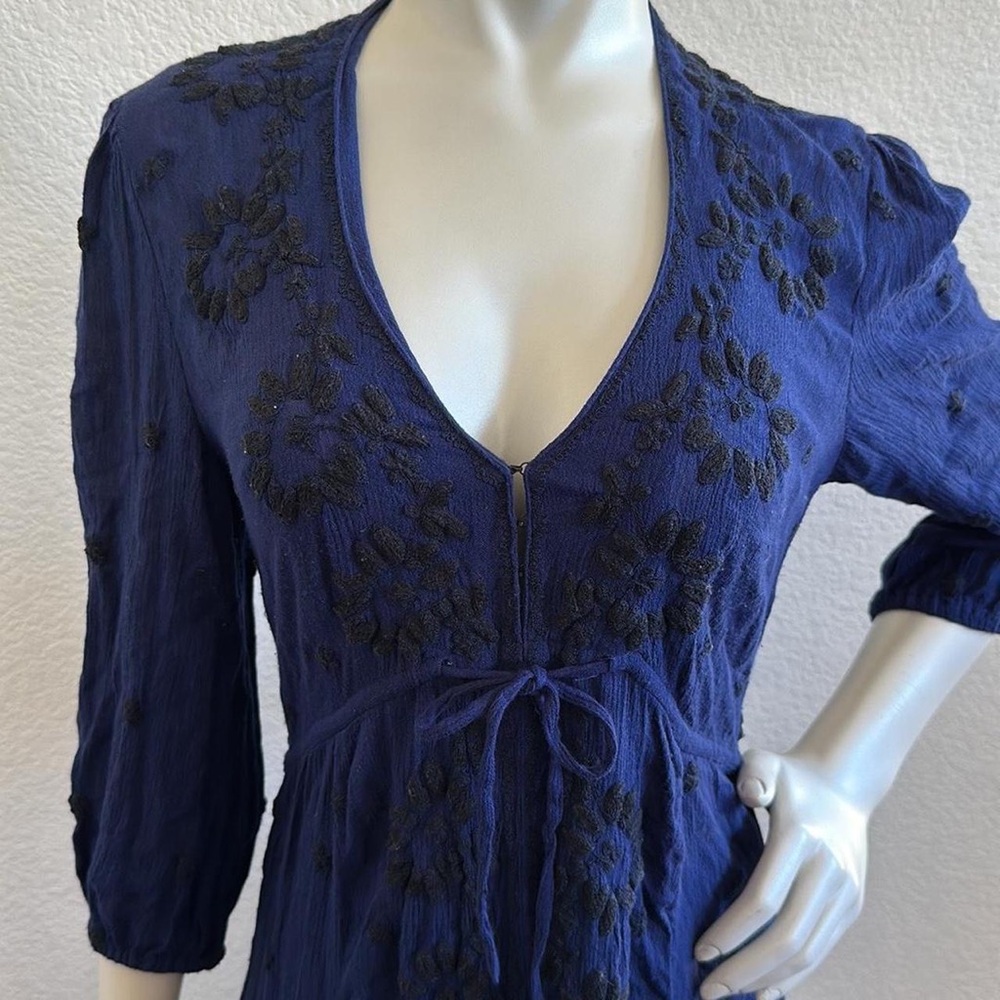 Free People Navy Blue Dress Black Floral Embroidery Cinch Waist V-Neck